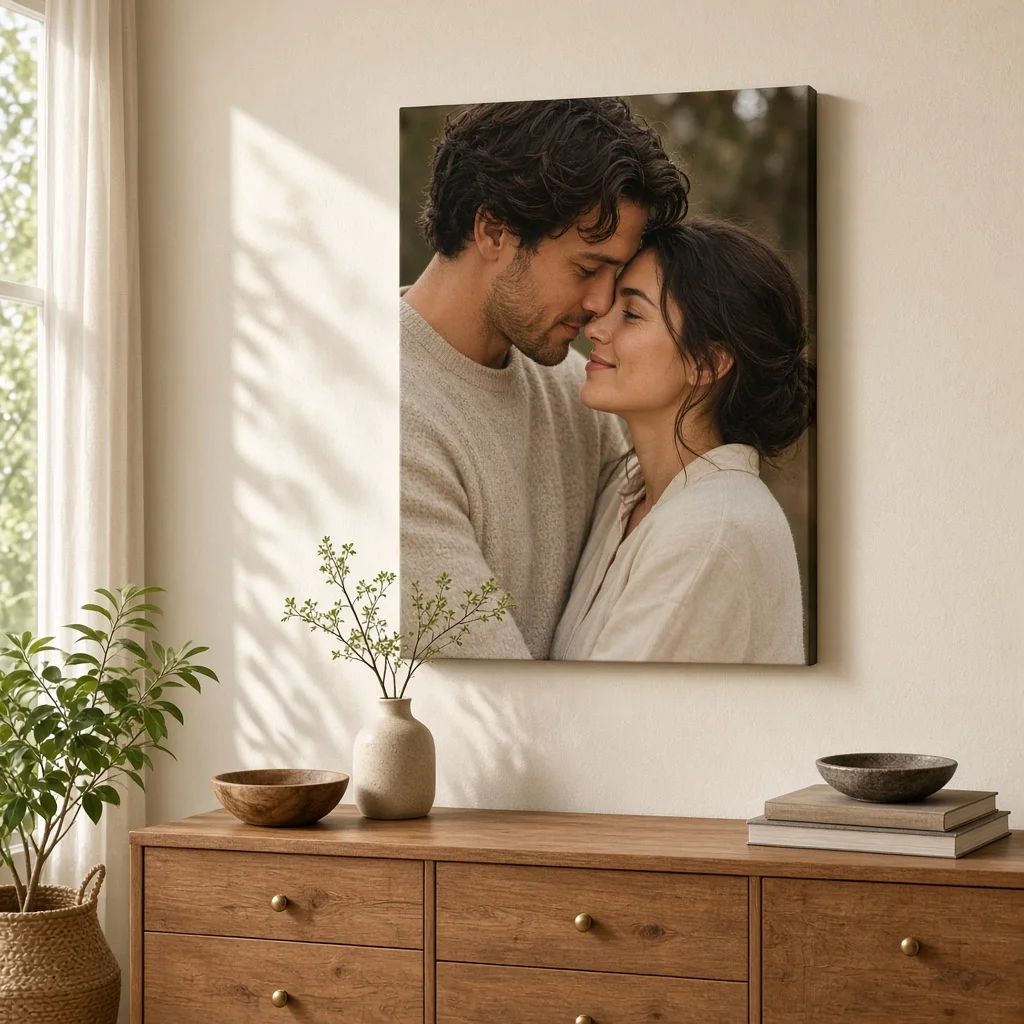 Foto de una pareja impresa en un lienzo sobre un mueble de madera