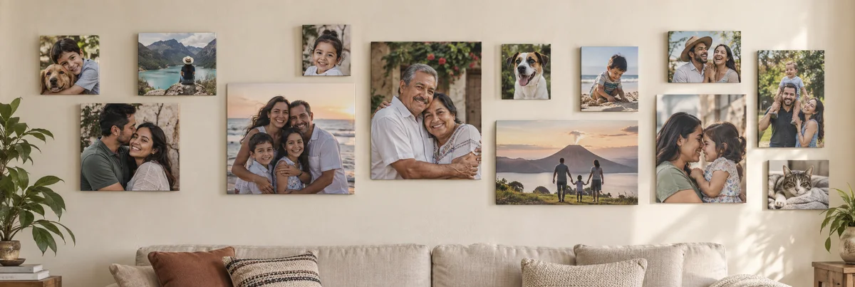 Composición de cuadros familiares en una pared